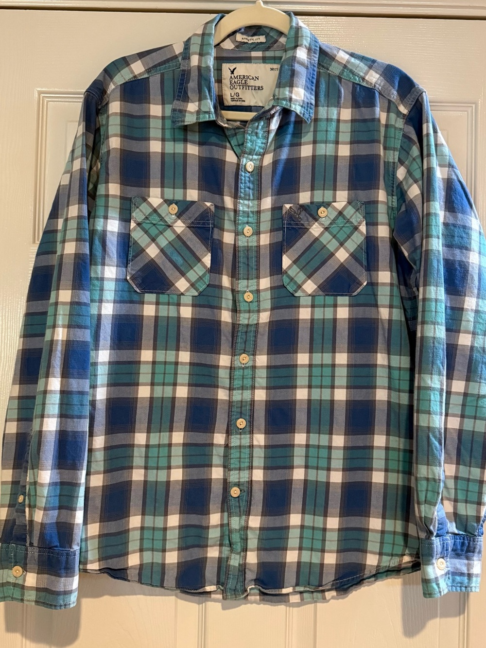 American Eagle Mens L Plaid Cotton Button Down Shirt Blue Teal Athletic Fit